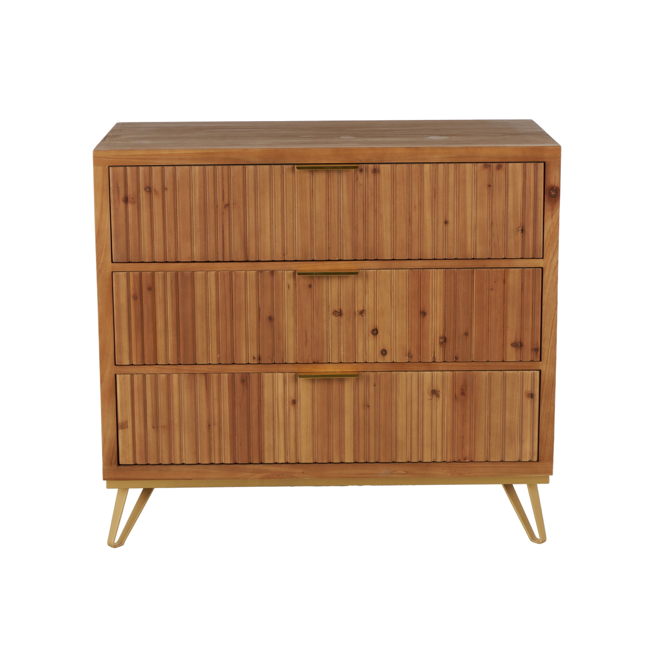 DecMode 36" x 32" Brown Wooden Ribbed 3 Drawer Chest with Gold Handles and Legs, 1-Piece