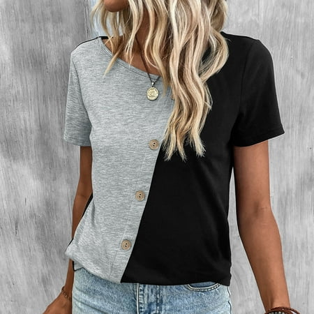 

HUPOM Tops For Women Short Sleeve Womens Tops Crew Neck Pajamas Tab Sleeve Gray M