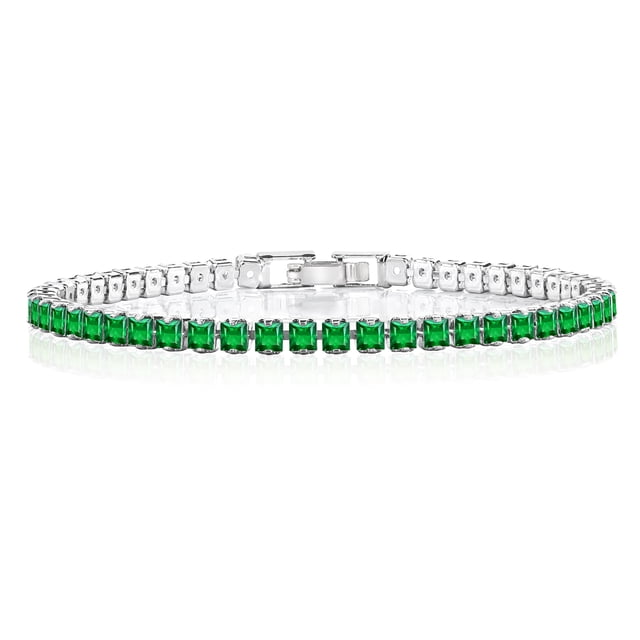 JeenMata 5.5 TCW Corte Princesa Mayo - Esmeralda - Pulsera de tenis con piedra natal para mujer Diseño de eternidad - Chapado en oro blanco, cumpleaños, aniversario, regalo del día de San Valentín