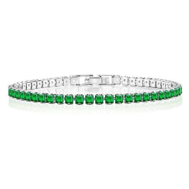 JeenMata 5.5 TCW Corte Princesa Mayo - Esmeralda - Pulsera de tenis con piedra natal para mujer Diseño de eternidad - Chapado en oro blanco, cumpleaños, aniversario, regalo del día de San Valentín