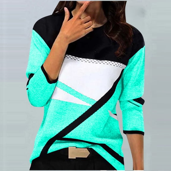 Ayfxijin Long Sleeve Shirts for Women,Women's Casual Geometry Printed T-shirt Long Sleeve Blouse Round Neck Casual