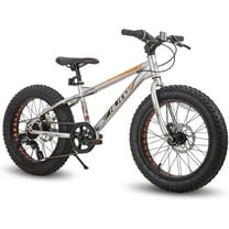 Hiland Kids Fat Tire Bike, Shimano 7-Speed, Dual-Disc Brakes, 20 inch Kids Trail Mountain Bike for Boys Girls, Silver