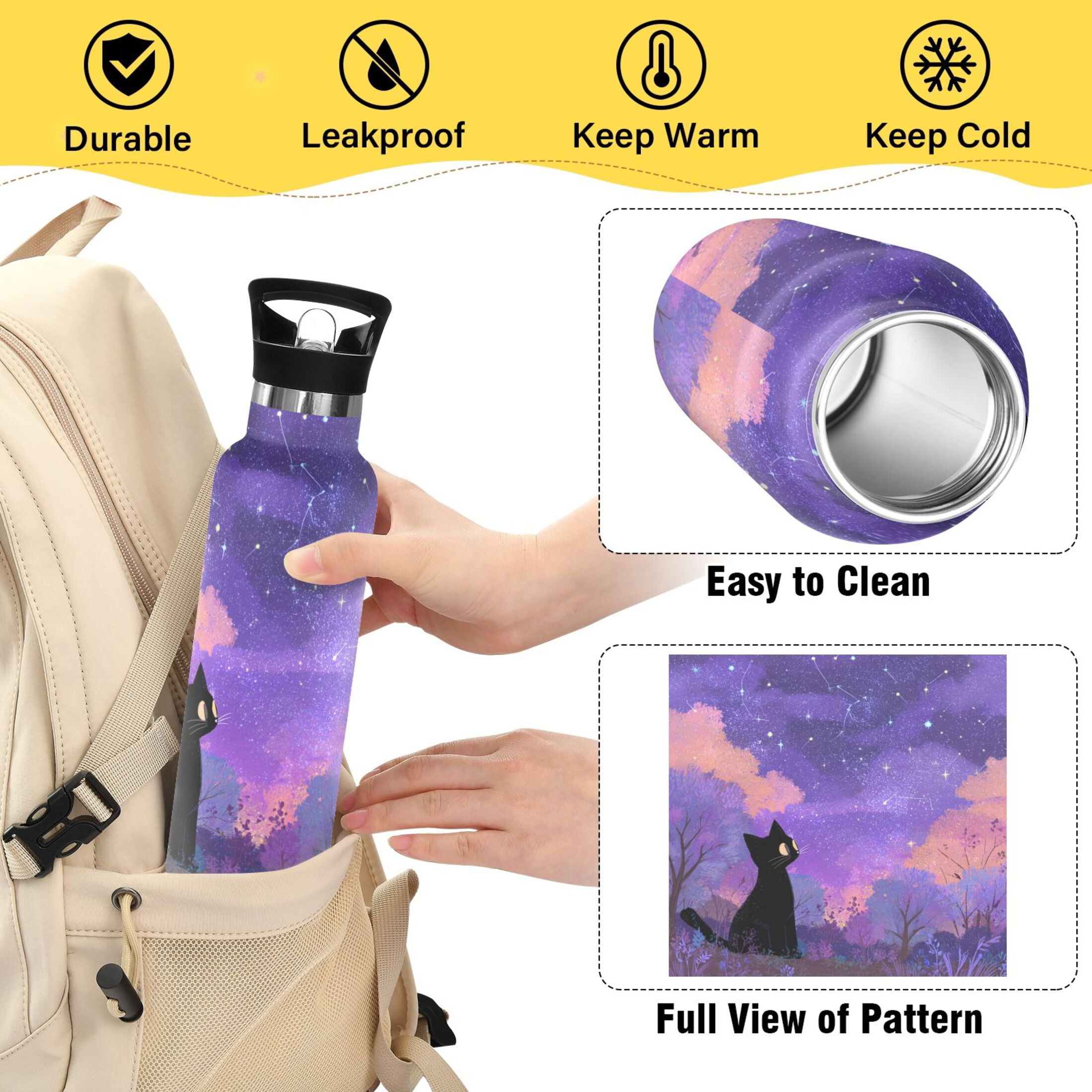 600ML Stainless Steel Insulated Cup Sports Water Bottle Portable Thermos Cup Water Glasses Insulated Tumblers Convenient and Durable Black Cat Cute
