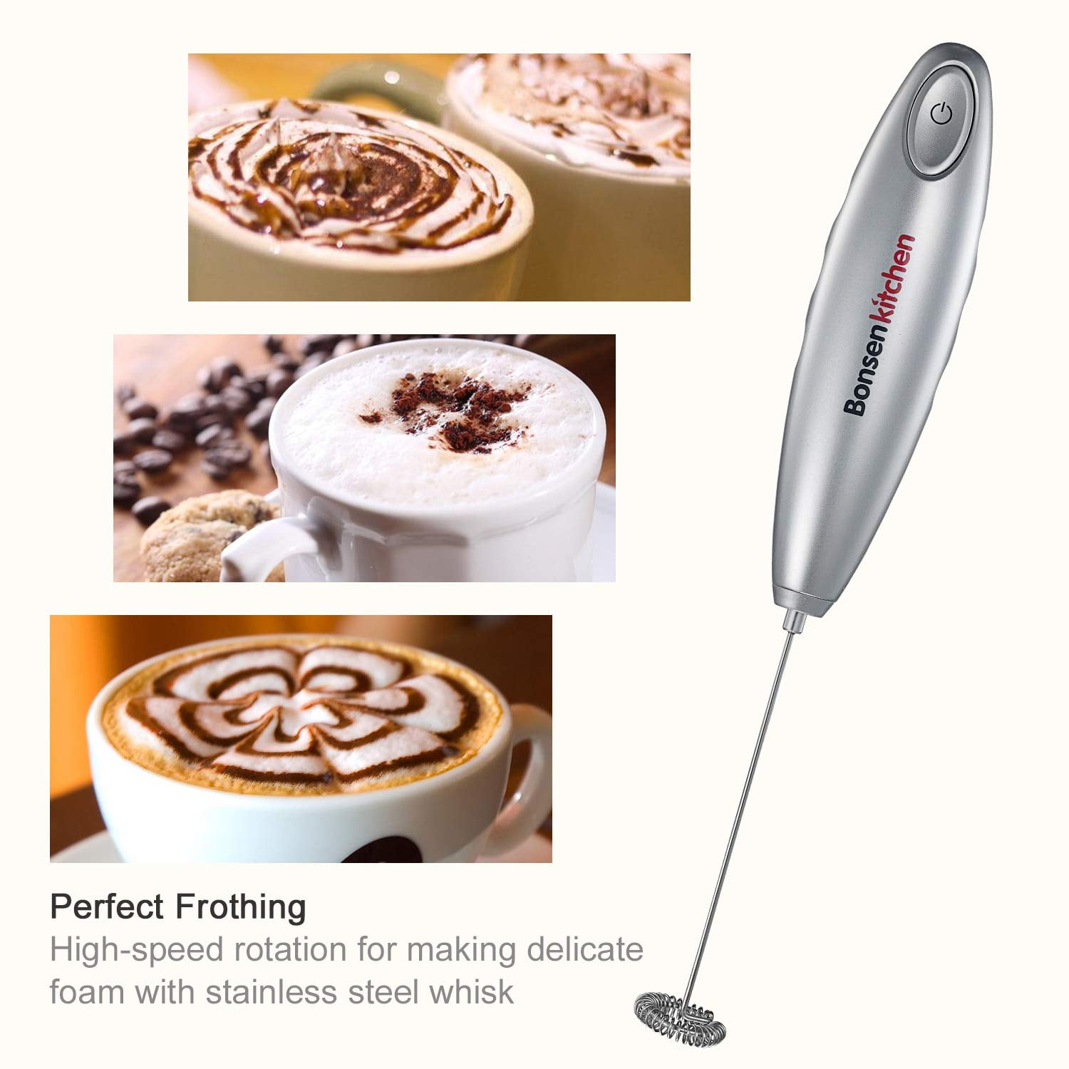 Bonsenkitchen Electric Milk Frother Handheld, Portable Whisk Milk Foam  Maker with Stainless Steel Stand, Drink Mixer for Coffee, Matcha, Electric