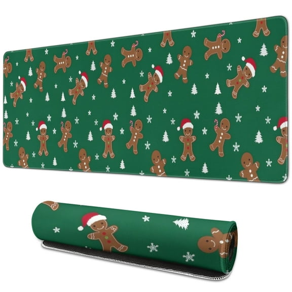 Long Mouse Pads for Desk,Green Christmas Gingerbread Man Pattern Desk Mats on Top Of Desks, Desk Mouse Pad Extra Large with 3mm Non-Slip Base and Stitched Edge for Gaming,Office,Work,Home 31.5x11.8in