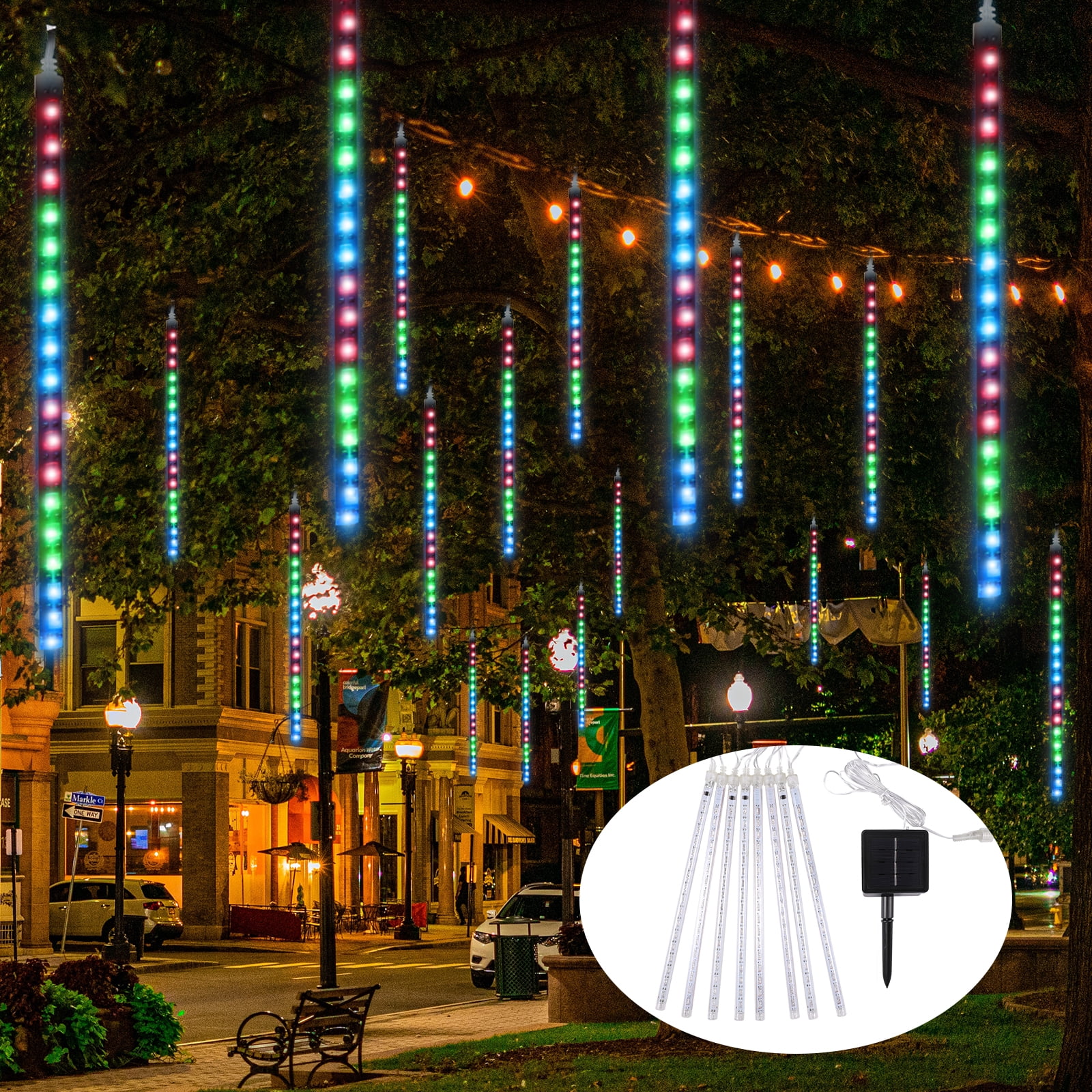 Solar Meteor Shower Rain Light,30 cm (12") 8 Tube 144 Led MultiColor