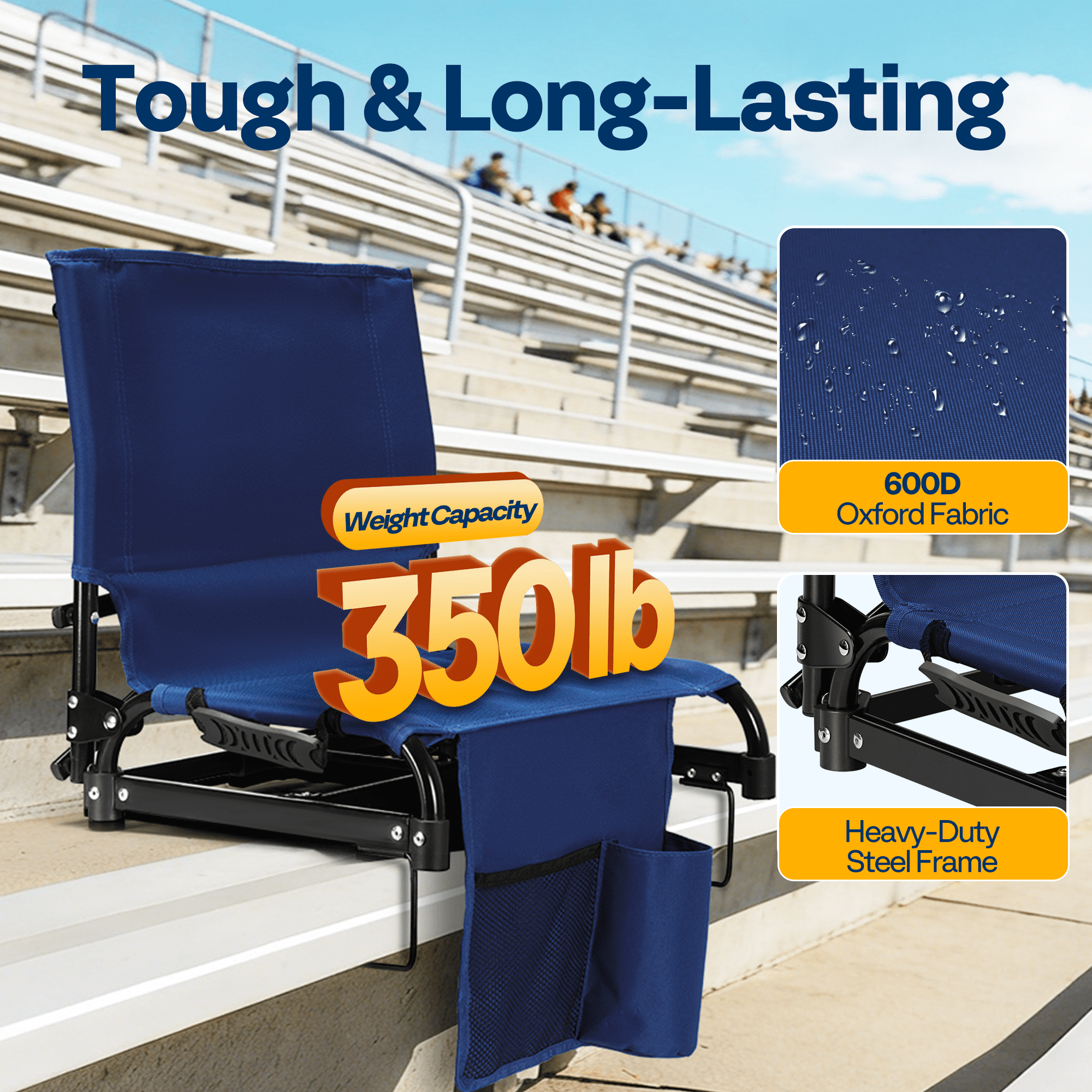 SPECSTAR Portable Folding Stadium Seat for Bleachers,Bleacher Chair Padded Cushion with Back Support, Waterproof & Lightweight Chair with Cup Holder 2 Pack , 350lb Capacity,Gray