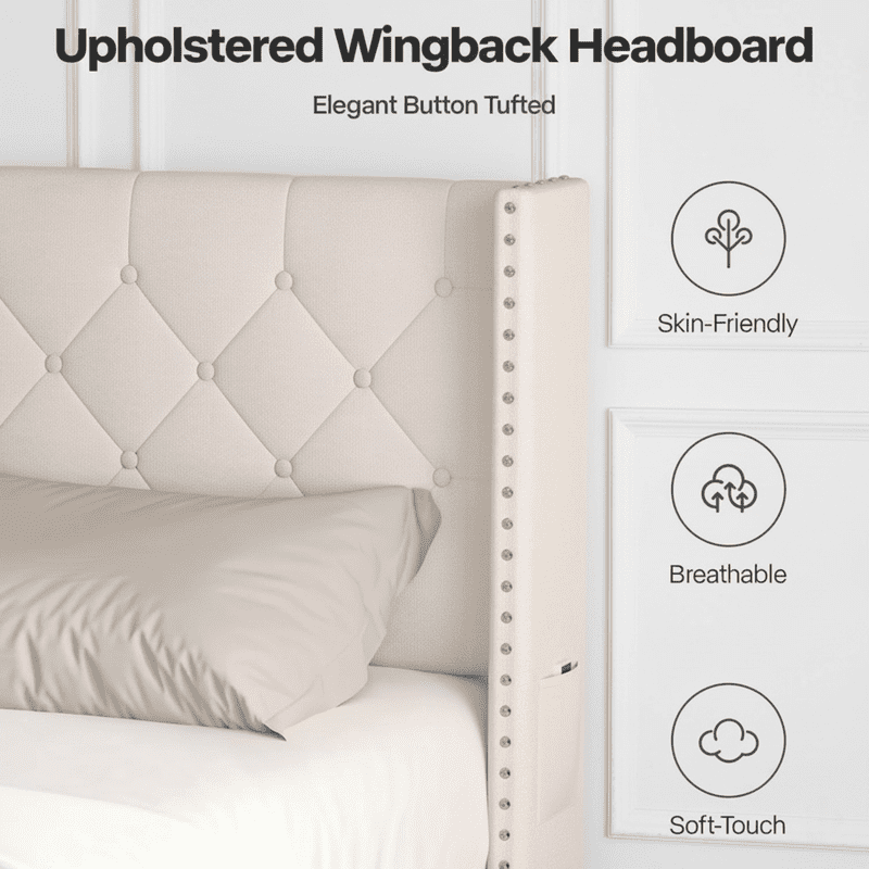 Queen Bed Frame with LED Lights, Upholstered Velvet Platform Bed Frames with Button Tufted Wingback Headboard & Footboard - Wooden Slats Support, No Box Spring Needed, Beige