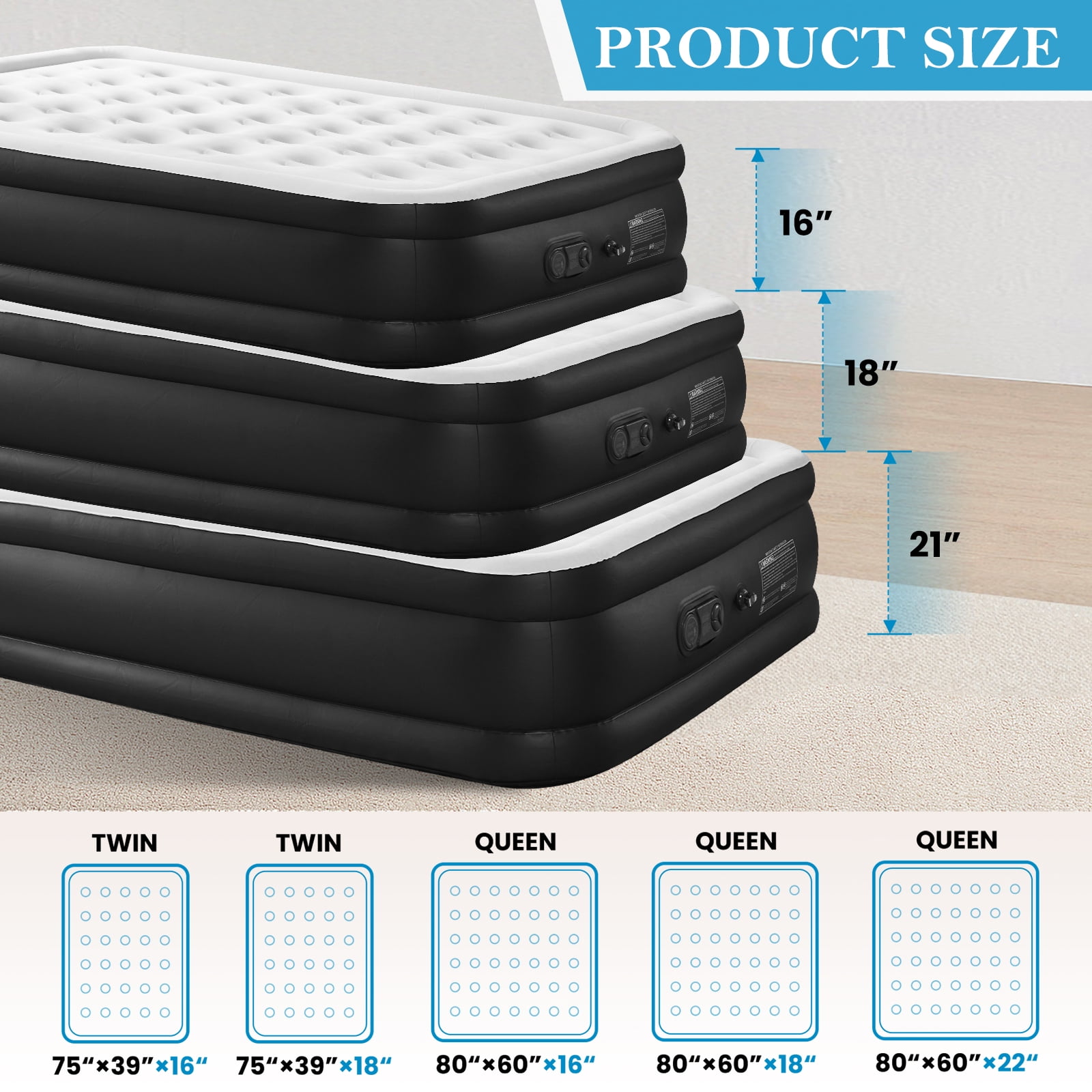CONCETTA Queen Air Mattress, 18 Inches Adjustable with Built-in High Capacity Pump