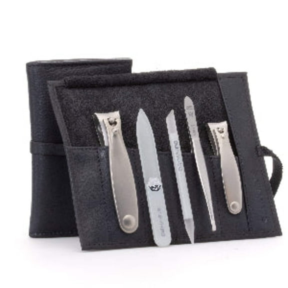 GERMANIKURE 5pc Manicure  Pedicure Set - FINOX® Surgical Steel: Toenail and Fingernail Clippers, Tweezers,Travel Glass File, and Travel Glass Cuticle Stick in Leather case