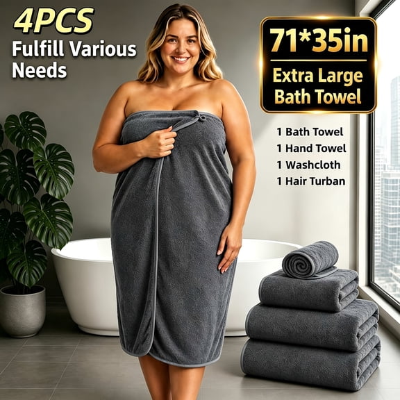 4pcs Microfiber Bath Towel Set with 1Oversized Bath Towel (71x35') & 1Half-Sized Hand Towels/1Washcloths & 1Hair Cap - Ultra-Soft Quick-Dry Suitable for Bathroom, Hotels, Gym