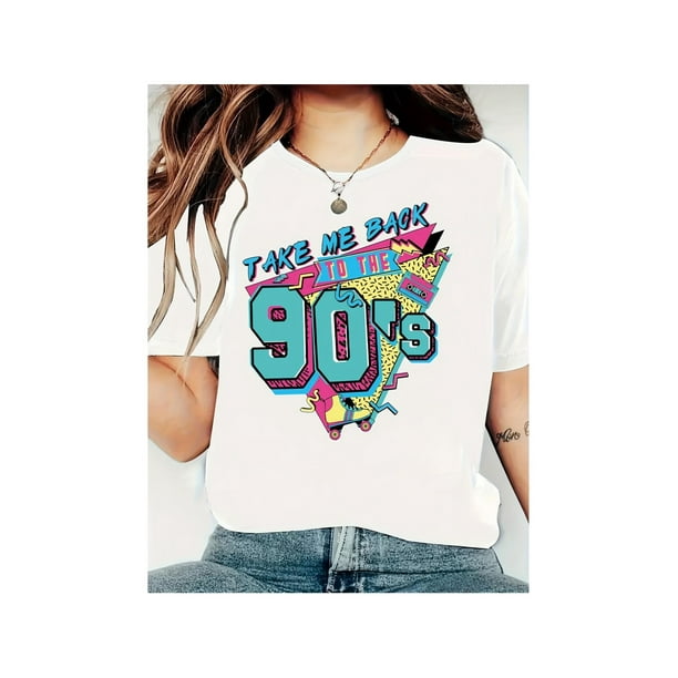 Plus Size 'Take Me Back to the 90s' Graphic Tee - Women's Retro-Inspired Casual Black T-Shirt with Colorful Geometric Design, Short Sleeves, Round Neck - Stretchy Polyester Blend, Machine Washable