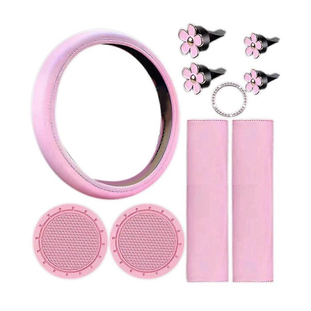 10 Pcs Steering Wheel Cover for Women Cute Car Accessories Set with Seat Belt Shoulder Pads Cup Holders
