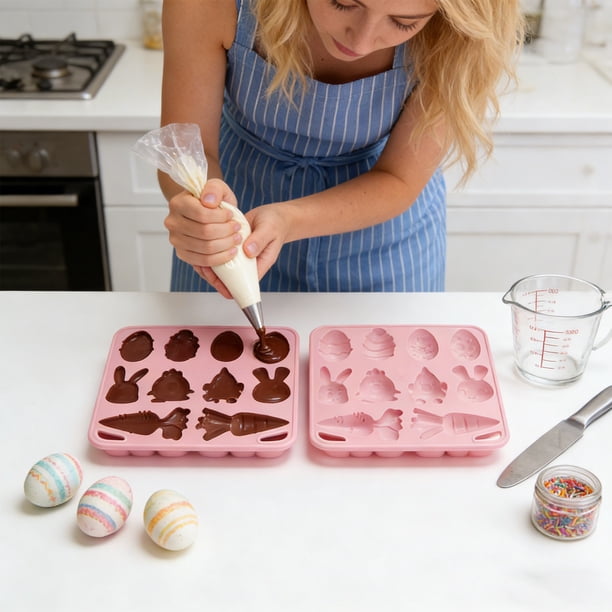 Molde de silicona con forma de conejito de Pascua, zanahoria y pollito | Molde antiadherente de grado alimenticio para hornear chocolate, dulces, gelatina, pasteles y postres | Herramienta de cocina