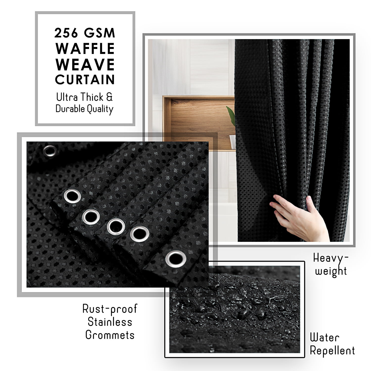 LammaLoe Black Shower Curtain, Waffle Weave Heavy Duty Fabric Shower Curtain, 72” x 72" Hotel Luxury 256 GSM Bathroom Curtains