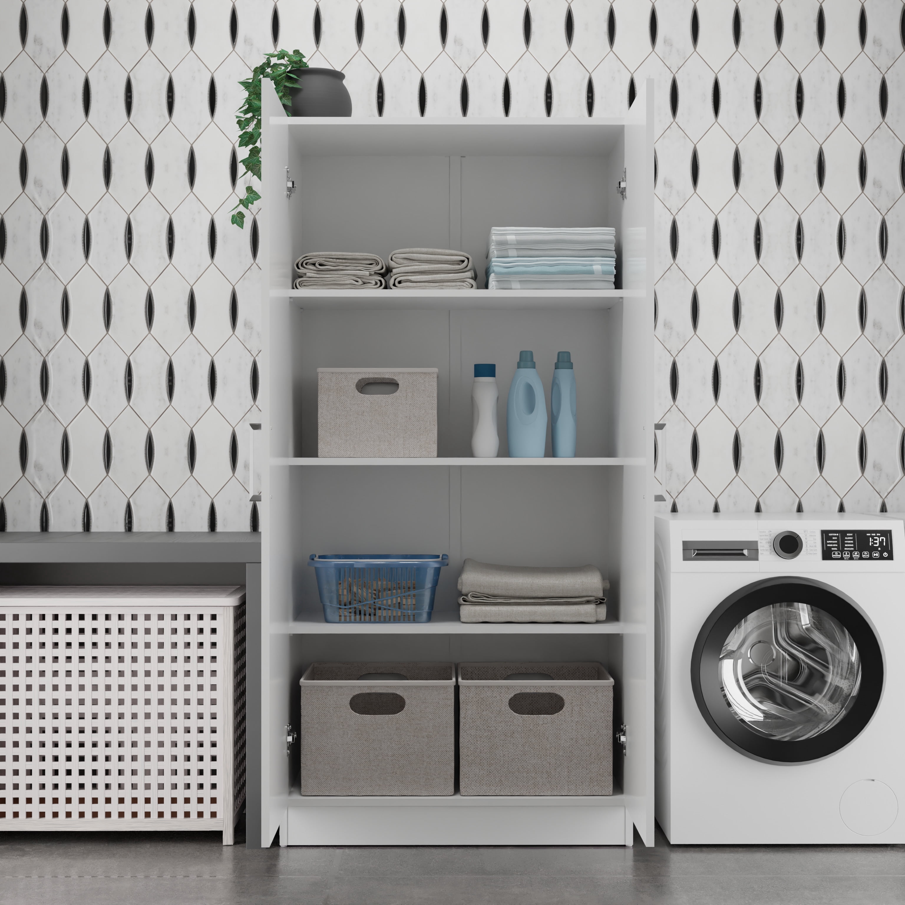 Kappesberg Liam 2-Piece White 2-Door Pantry Cabinet Set with Shelves for Kitchen or Laundry
