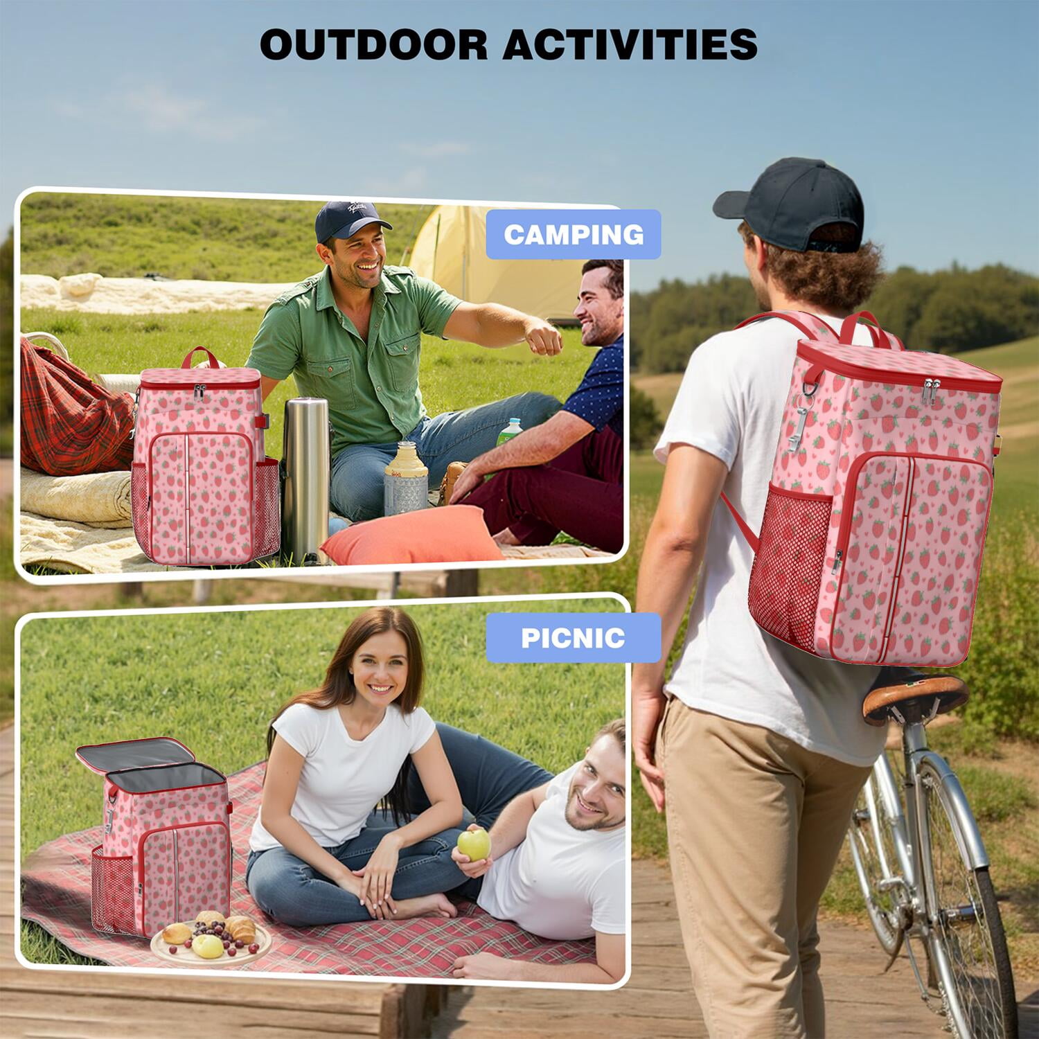 Travel Cooler Bag - Pink Strawberry Plants Fruit Camping Beer Cooler Backpack with Bottle Opener- Waterproof Insulated Picnic Backpacks - Cooler Bag for Beach