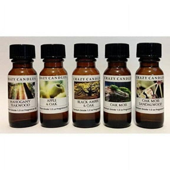 Crazy Candles 5 Bottles Set, 1 Mahogany Teakwood 1 Apple and Oak, 1 Black Amber and Oak, 1 Oakmoss Very Mild Scent, 1 Oakmoss Sa