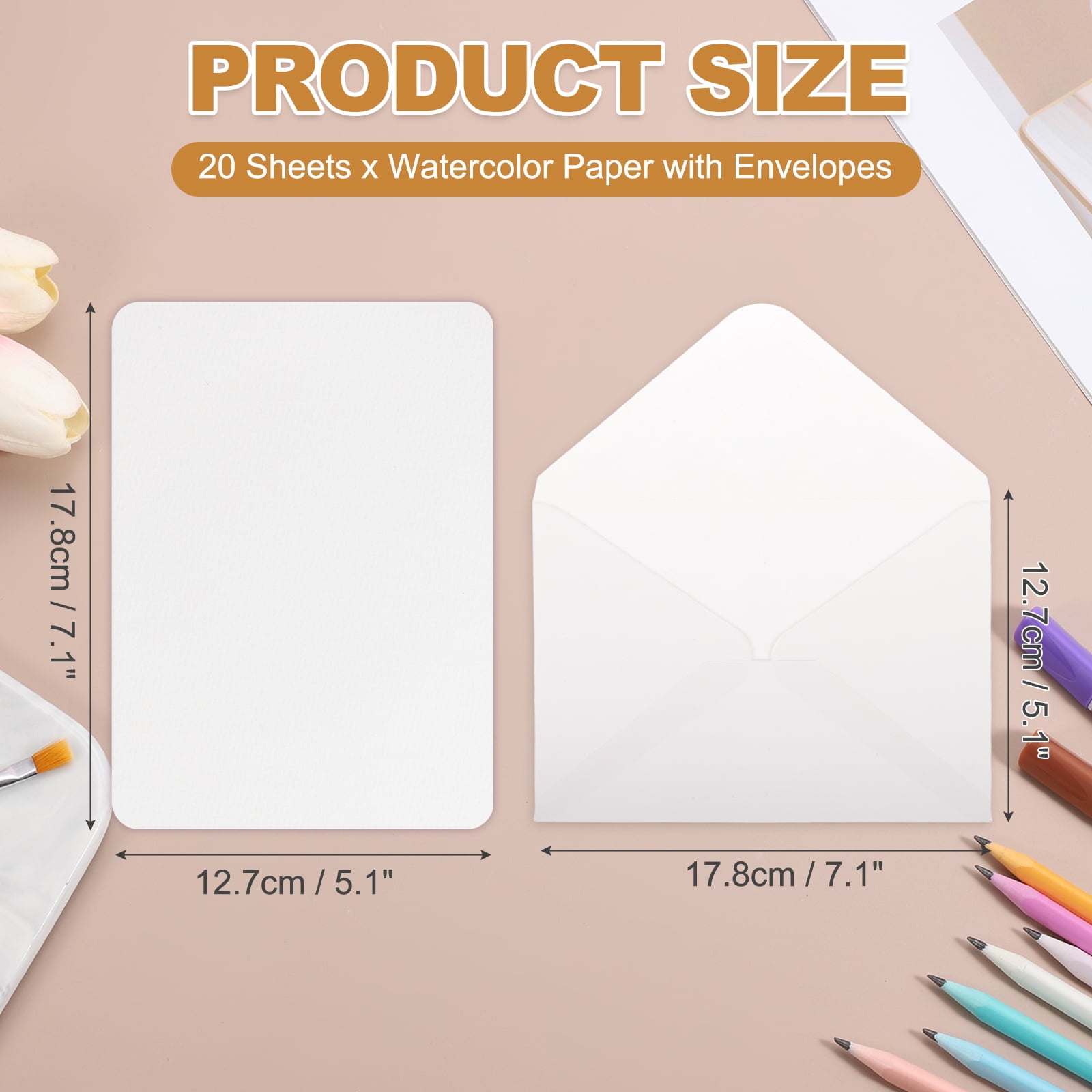 Uxcell 20 Set Watercolor Paper with Envelopes 7 x 5 Inch 140lb/300gsm Artist Painting Drawing Paper Cold Press Water Color Sheet with White Box for Sketchbook Journal (Round Corner)