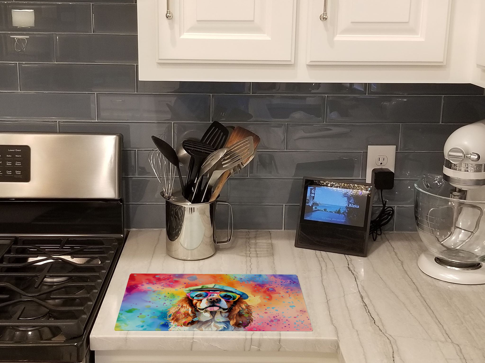 Cavalier Spaniel Hippie Dawg Glass Cutting Board Large 12 in x 15 in