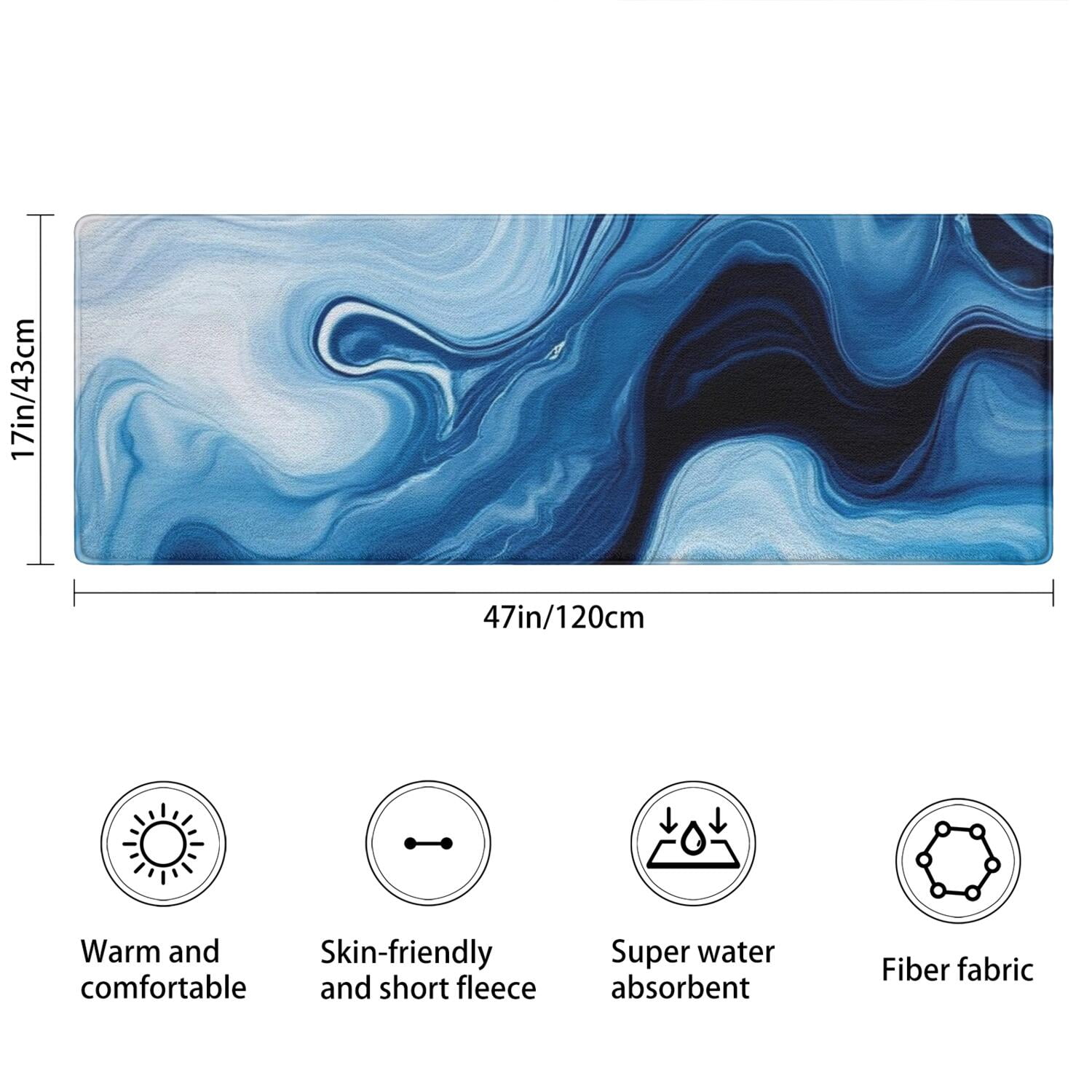 Light Blue Marble Flow Pattern Bathroom Rugs Mat,Non Slip Microfiber Bathroom Rug,Rubber Backing,Soft Bathroom Mats for Bathroom Floor,Tub and Shower,47x17in(120x43cm)