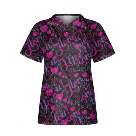 

wsevypo Valentine s Day Scrubs Tops Women Nurse Working Uniforms Love Heart Print V Neck Short Sleeve Medical Scrub Shirts