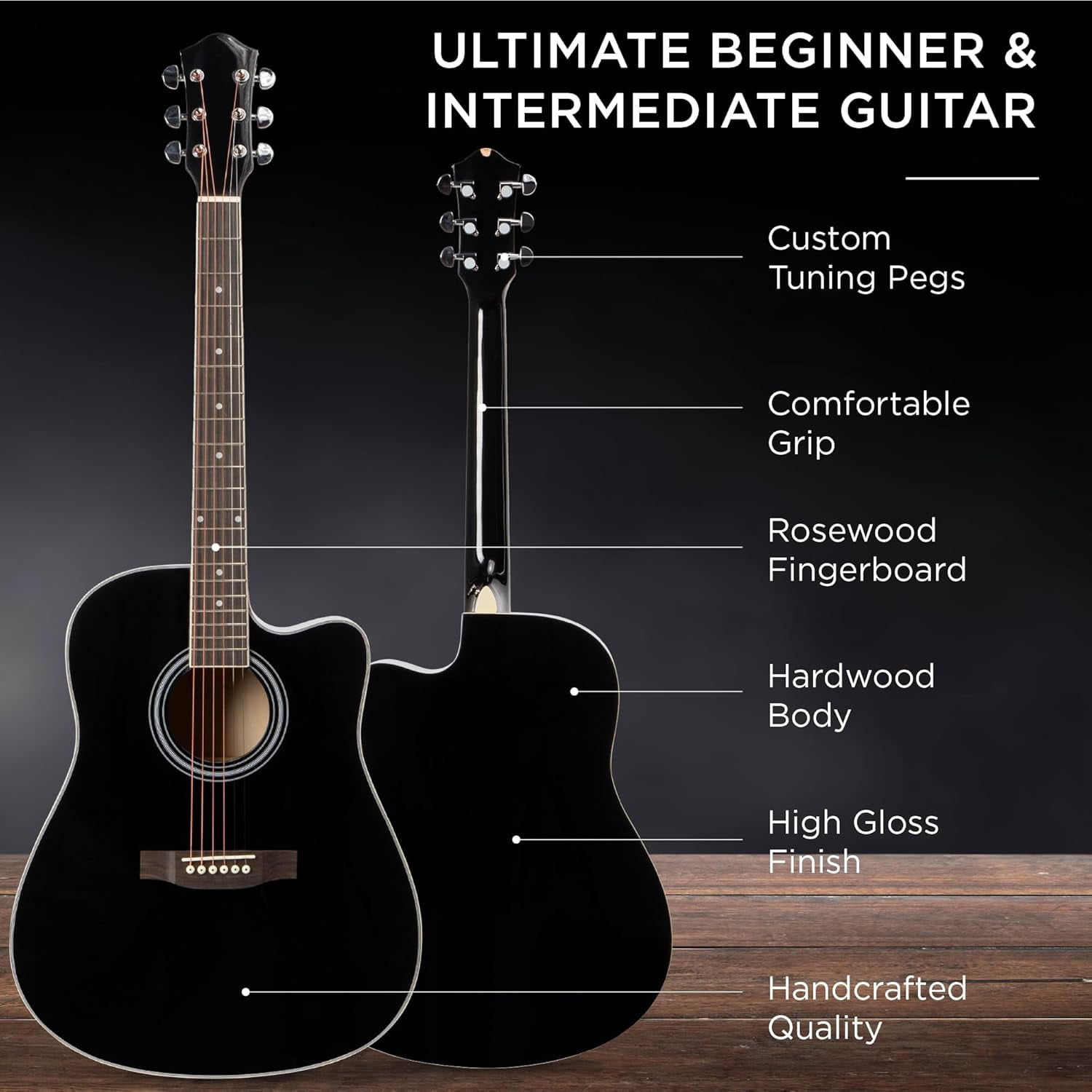 HarmonyStrings 41in Beginner Acoustic Guitar Full Size All Wood Cutaway Guitar Starter Set w/Case, Strap, Capo, Strings Black