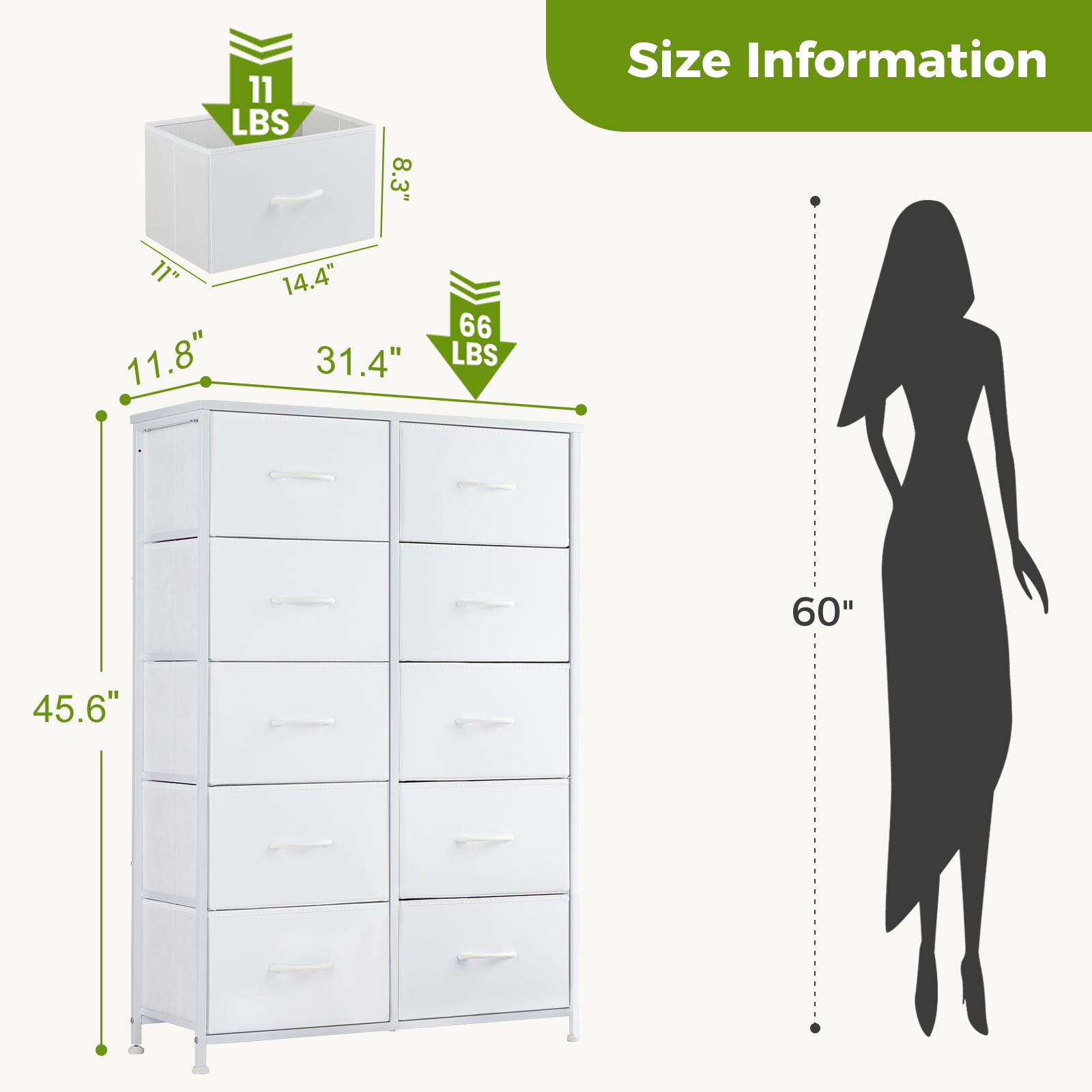 GIANNA 10 Drawer Dresser for Bedroom, Tall Chest Organizer with Fabric Bins, Freestanding Storage Cabinet, White