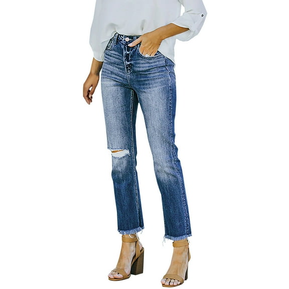 Stretch Jeans for Women Button Fly Jeans Pants Cropped Ankle Jeans Petite Straight Leg Jeans Pants Ripped Denim Jeans