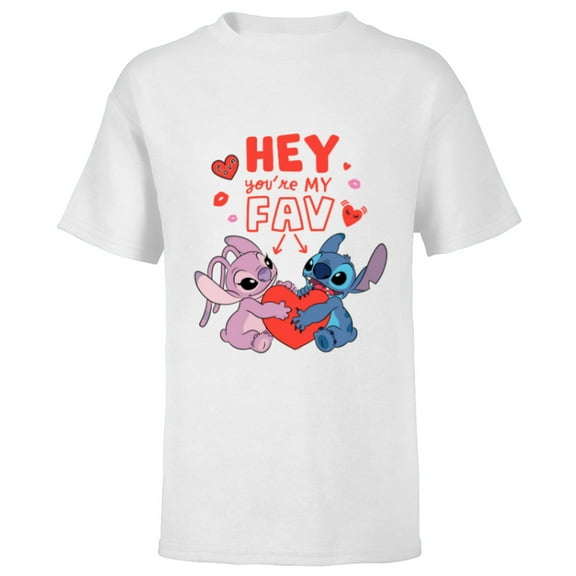 Disney Stitch & Angel Hey You’re My Fav Love Valentine’s Day - Short Sleeve T-Shirt for Kids - Customized-White