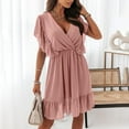 thumbnail image 4 of Knee Length Evening Dress Flutter Sleeve Wrap Dress for Women Elastic Waist V Neck Sundress Solid Color Ruffle Hem Flowy Dresses Knee Length, 4 of 4