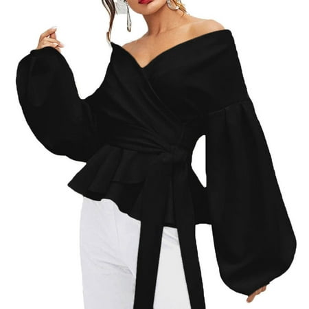 - Women's Fashion Off Shoulder Sexy Crop Tops Puff Sleeve Blouses Bow Tie Casual Blouse