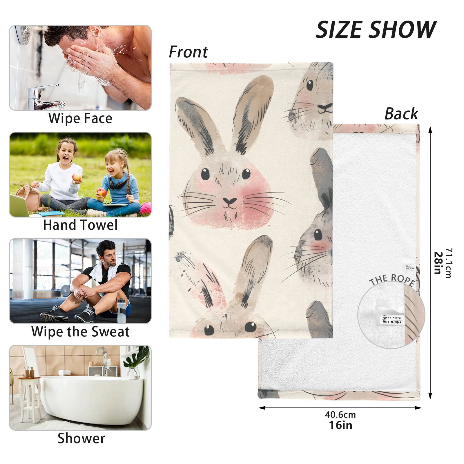 Cute Bunnies Rabbits Hand Towels Cotton Bath Towels Large Face Towels Absorbent for Bathroom 2 Packs