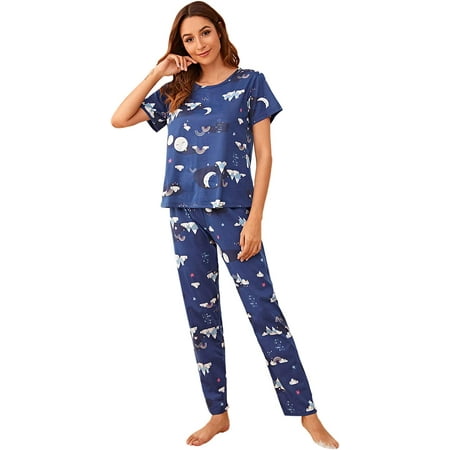 

ZWQIANFENGXI Women s Cute Cartoon Cow Print Sleepwear Short Sleeve Tee with Pants Pajama Set