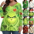 thumbnail image 1 of Camisetas navideñas del Grinch: pijamas a juego para mujer, tallas grandes, camisetas de manga larga con estampado, cuello en V, ropa informal, camisetas, pijamas navideños a juego para la familia,, 1 of 6