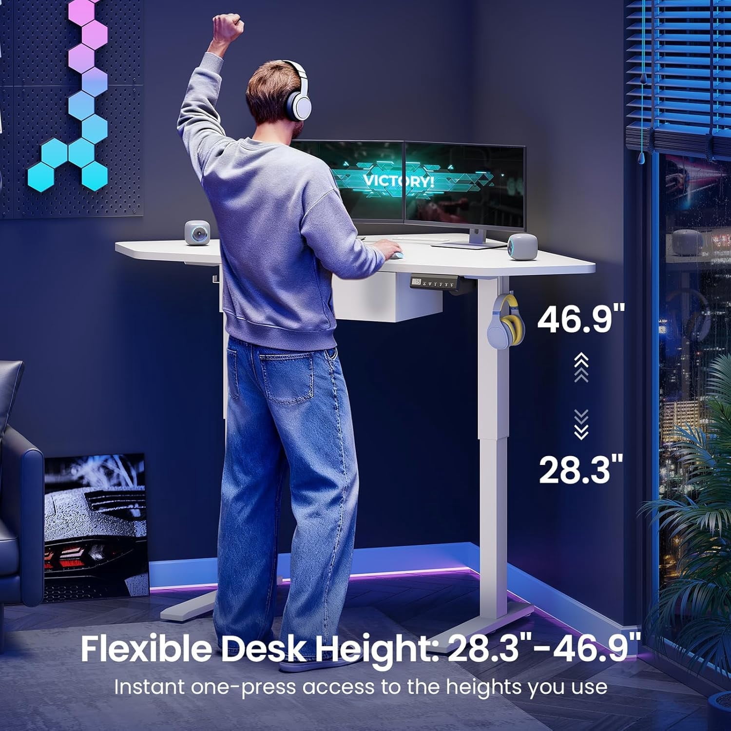 Standing Corner Desk with Drawer, Small Stand Up Desk with Power Outlets, Triangle Computer Desk for Home Office, Gaming Desk, Writing Desk, White
