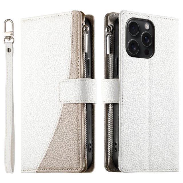 Funda cartera GANGXUN para iPhone 15 Pro Max , cuero PU con tarjetero, cremallera, correa de mano, soporte y protección 879°