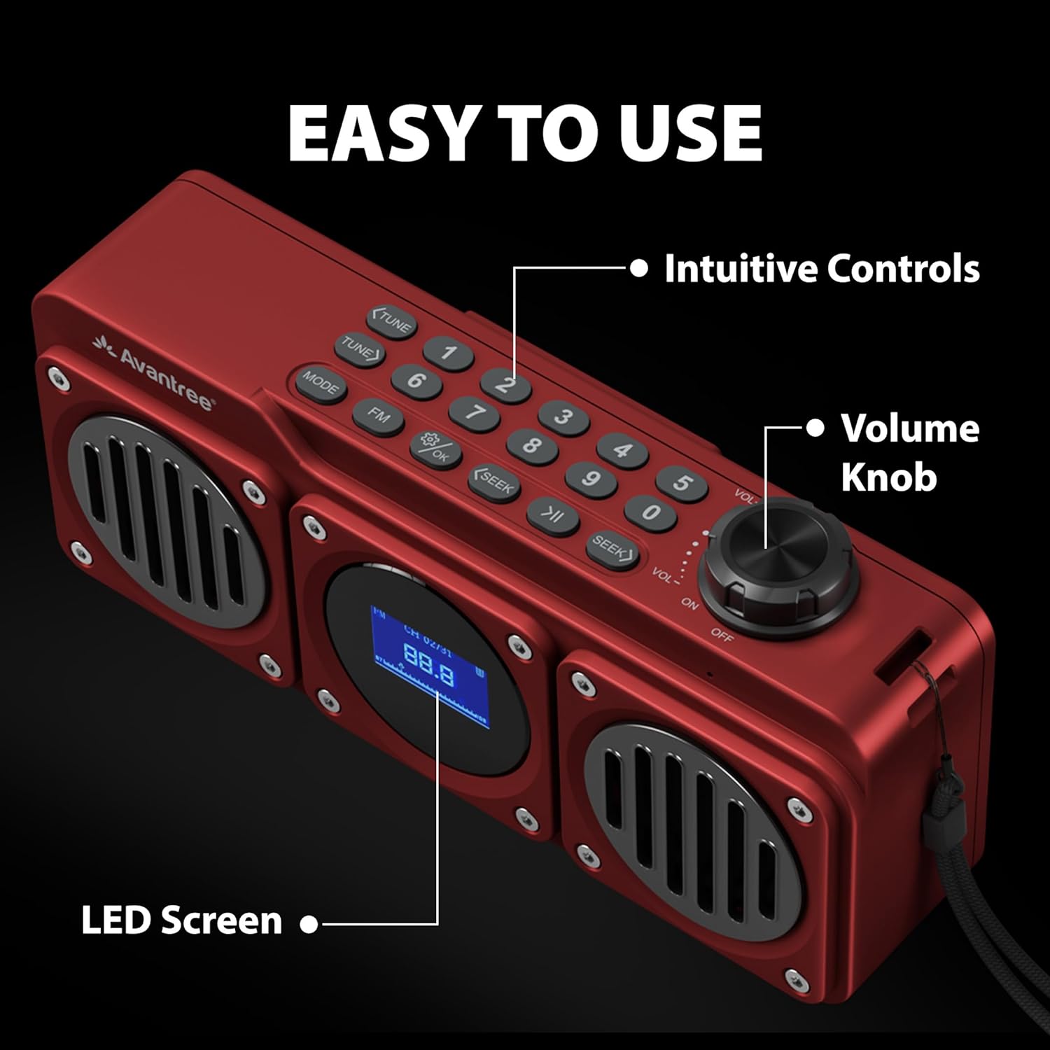 Avantree Boombyte - Portable Digital FM Radio with Bluetooth Speaker, Superb Sound, Metal Finish, MP3 Player, Support Micro SD Card & USB Audio Input, Long Play Time, Rechargeable, Easy to Use - Red