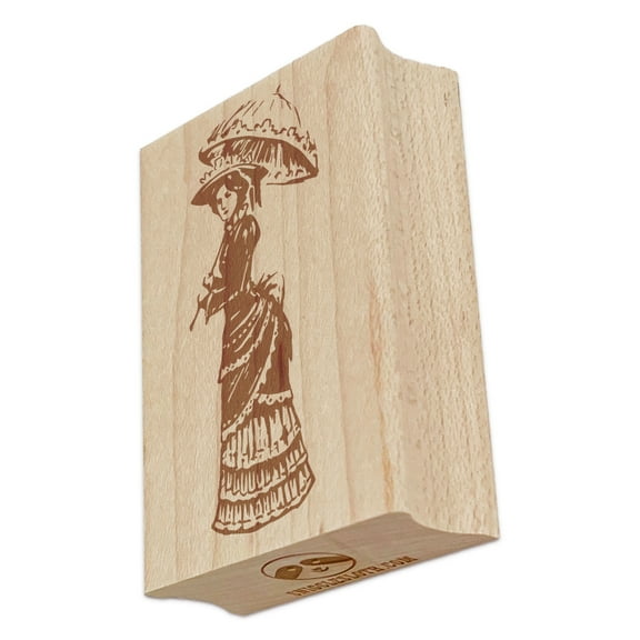 Pensive Victorian Woman Standing with Parasol Umbrella in Hand Rectangle Rubber Stamp Stamping Scrapbooking Crafting - Small 1.7in