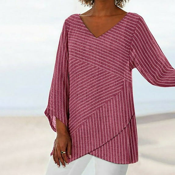 NWQKYZGH Plus Size Tops Clearance Women Casual Lotu Sleeve V-Neck Stripe Printing Irregular Blouse Tops T-Shirt Red 10(L)