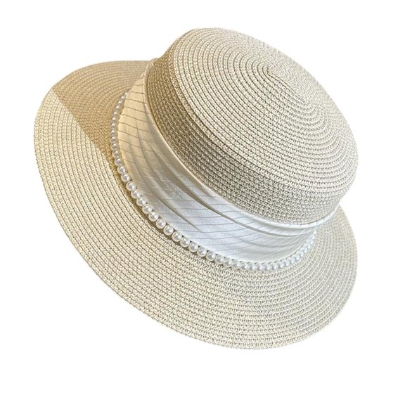 Women's Straw Boater Hat Elegant Flat Top Sun Hat with Pearl Tie & Satin Band Wide Brim Summer Beach Hat for Travel