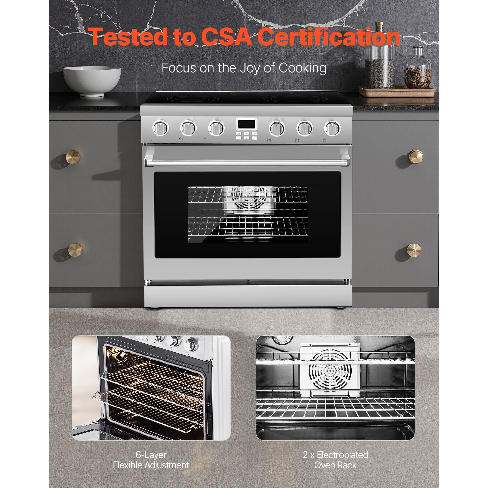 KFFKFF 36-inch Electric Range Oven, 6.0 Cu. Ft. Freestanding Stainless Steel Stove, Features 5 Burners, Digital Controls, Adjustable Racks, Ideal for Apartments and RVs (No power cord)