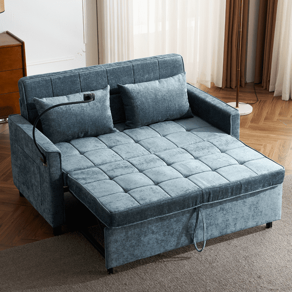 3-in-1 Convertible Sofa Bed, 57" Pull Out Sleeper Sofa with Charging Station & Phone Holder and Adjustable Backrest, Chenille Loveseat Sofa with Side Pocket, Blue