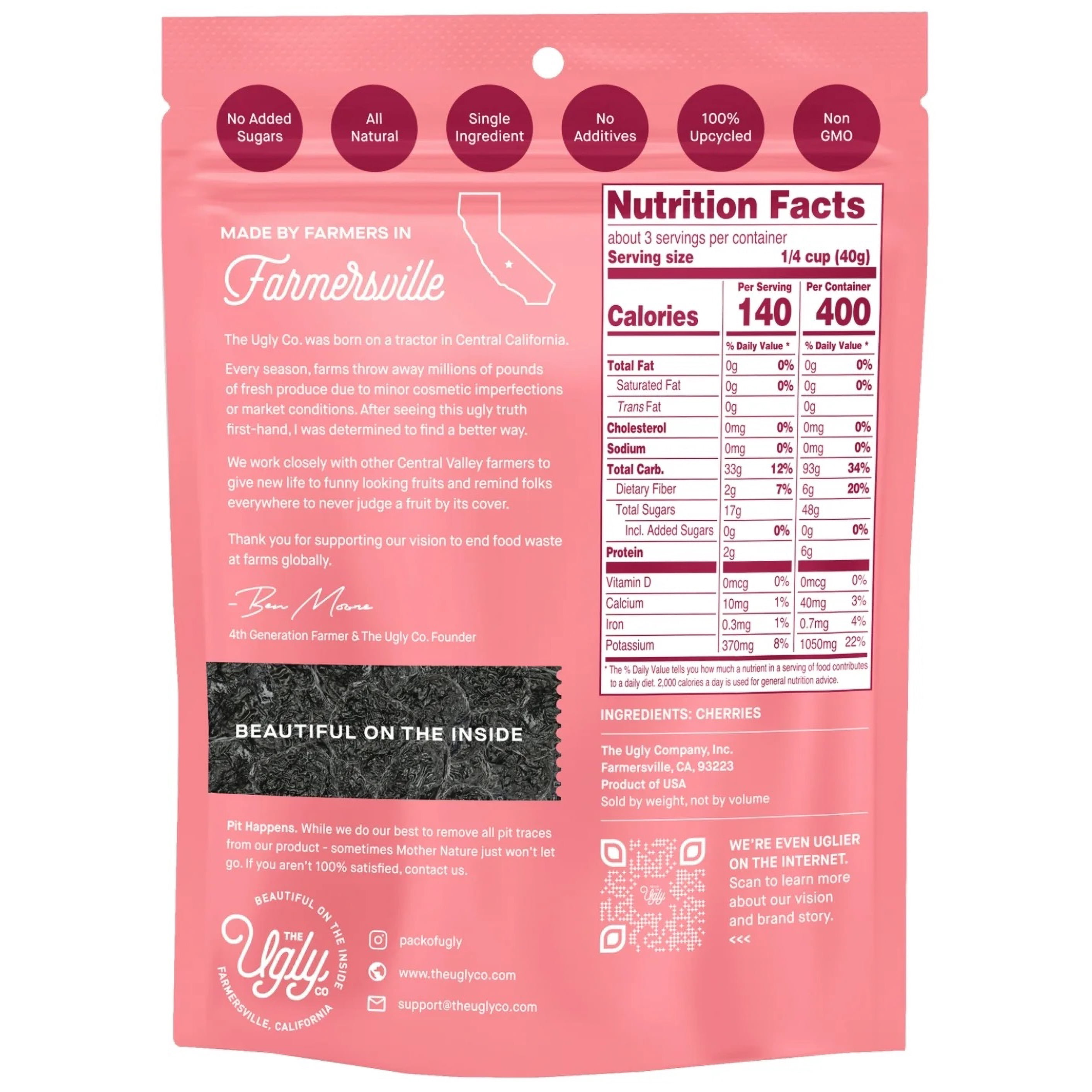 Hello! I'm Ugly Dried & Whole Cherries, No Sugar Added Snacks, Unsweetened Dried Fruit, 4 oz