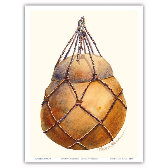 No'u No'u - Hawaiian Tied Gourd Container (Ipu Hawele) - From an Original Hawaii Watercolor Painting by Peggy Chun - Master Art Print (Unframed) 9in x 12in