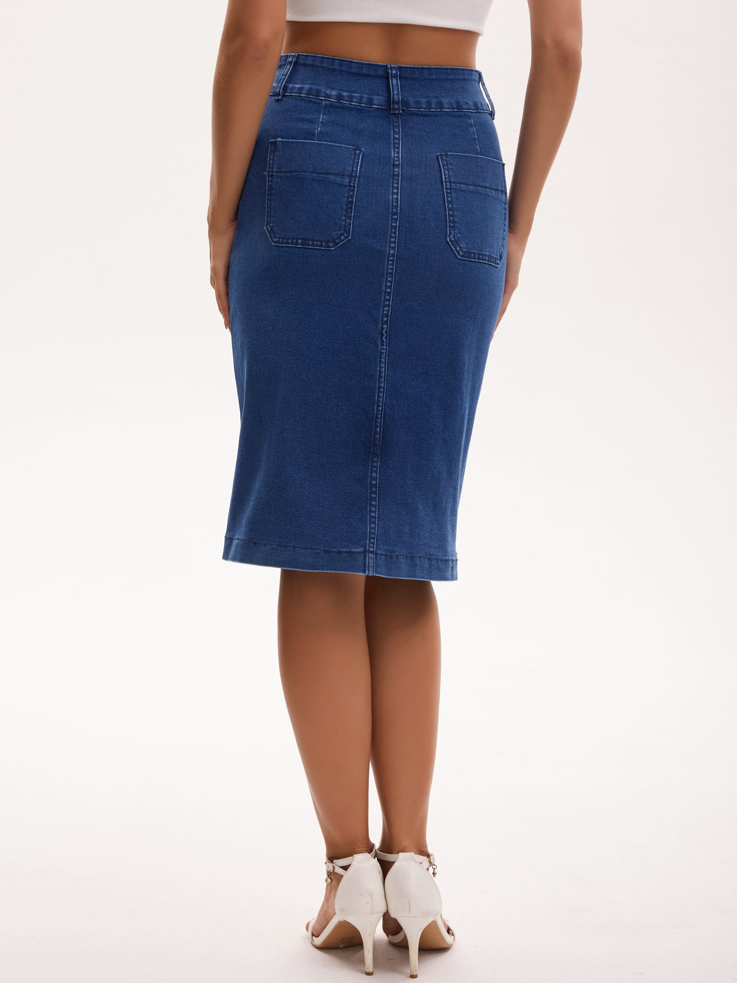 DARING DIVA Women's Stretchy Below Knee Length Jean Skirts Large Dark Blue