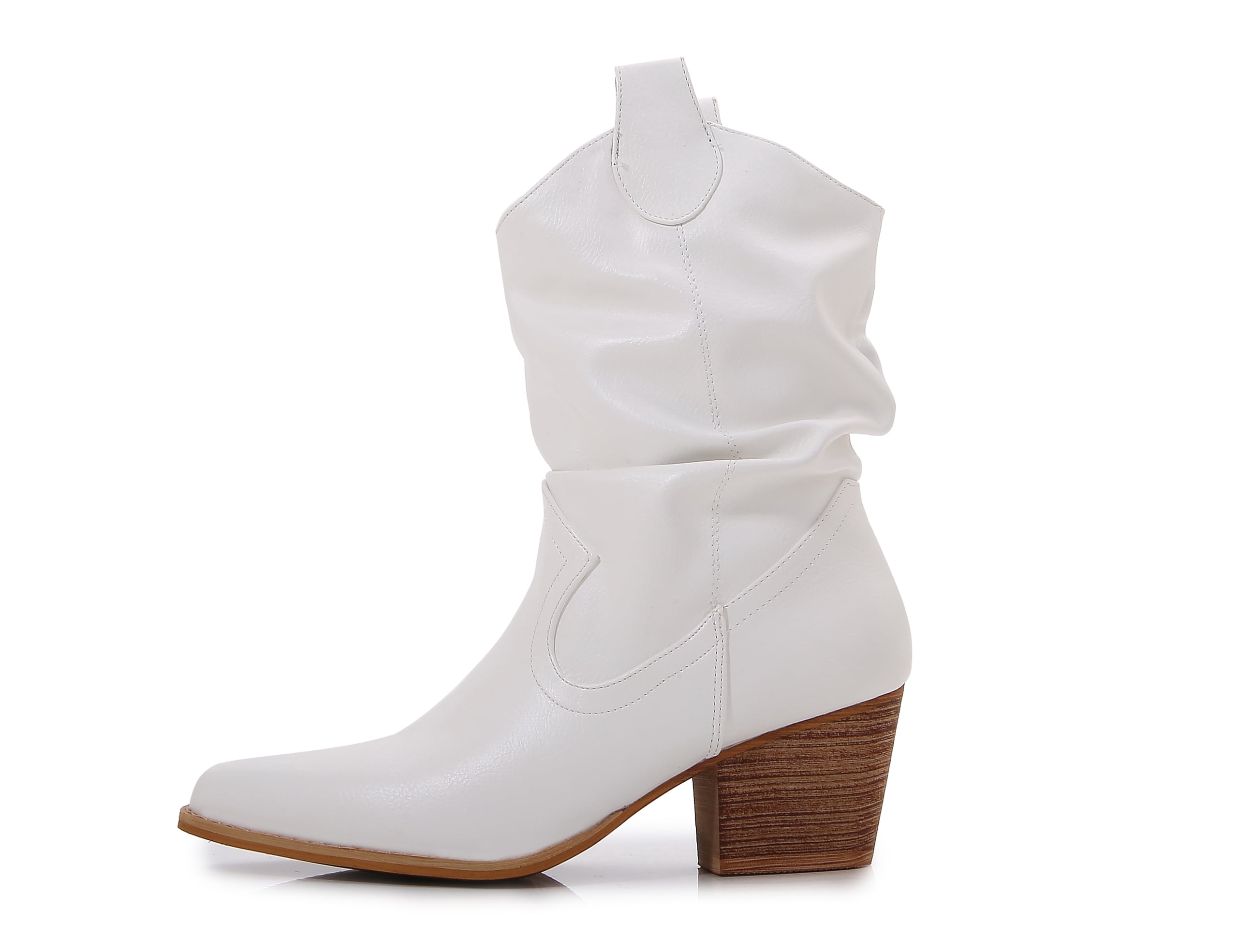Premium PU Leather Wooden Heel Long Chelsea Boots (White, 8)