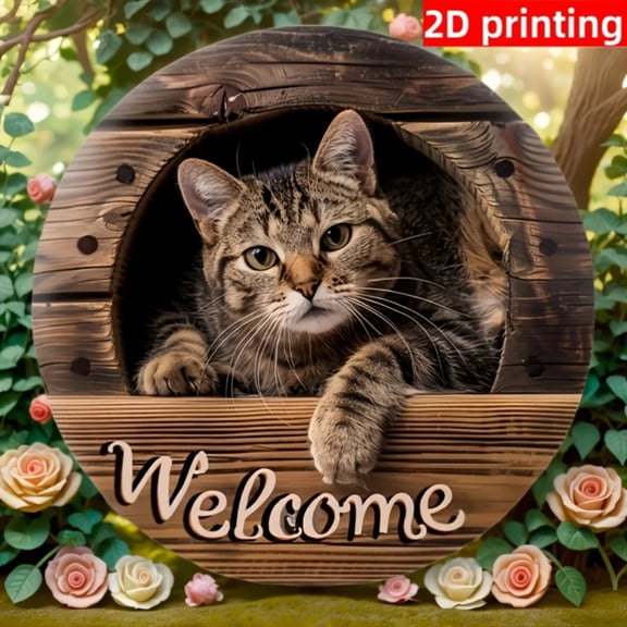 HELLOYOUNG Cat Welcome Wall Decor Sign - Home Garden Bathroom Porch Decoration for Campus Cottage Rural Holiday