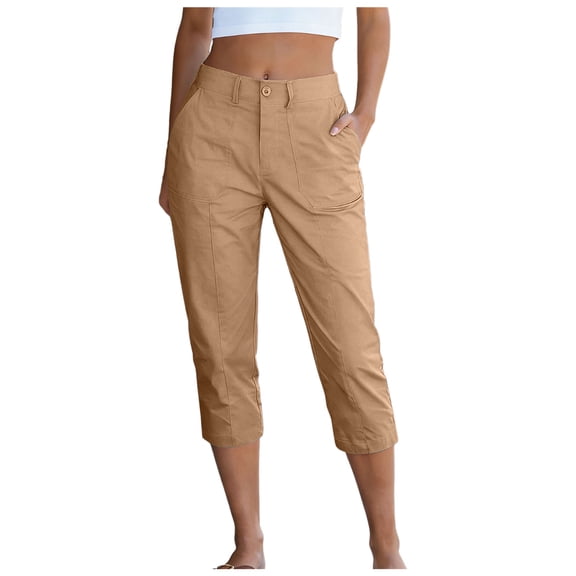 GEWSEY Capri Pants for Women High Waisted Relaxed Fit Elastic Waist Casual Capris Trousers Crop Chino Pants with Pocket Khaki for Size S