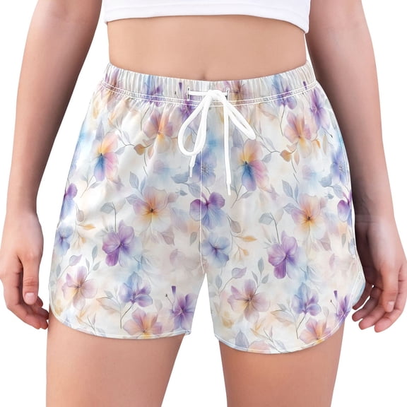 FORMRS Womens Swim Shorts Mesh Liner Quick Dry Casual Beach Board Bottom with Pockets, Sizes S-2XL, Purple Flower Pattern